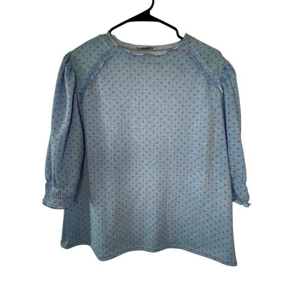 Zara Blue And Orange Polkadot Stretchy Half Sleeve Lightweight Blouse - Picture 2 of 5